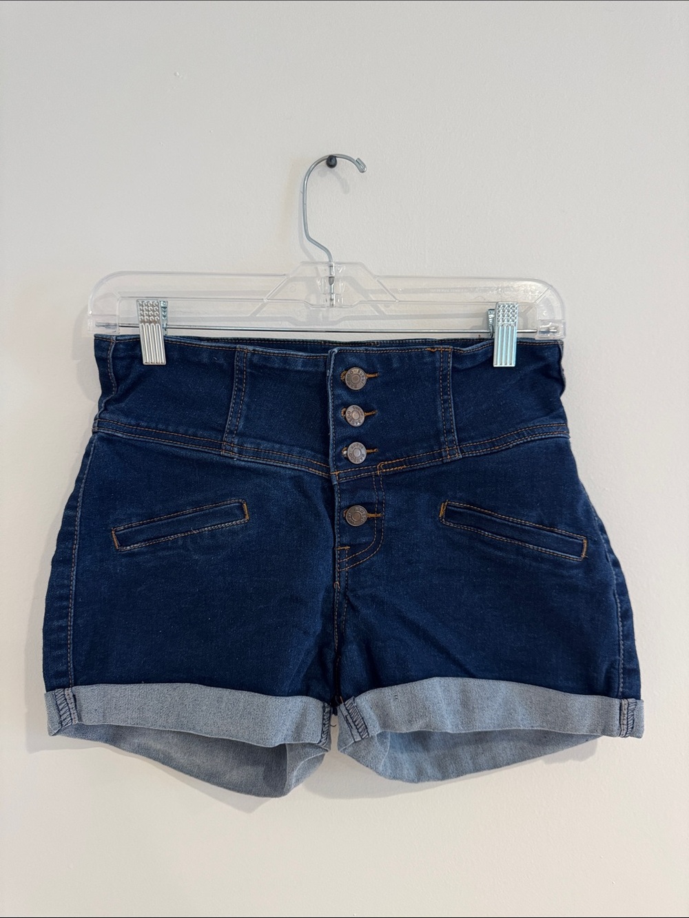 Bamboo Womens High-Waist Dark Blue Denim Shorts with Button Front Size 9/10